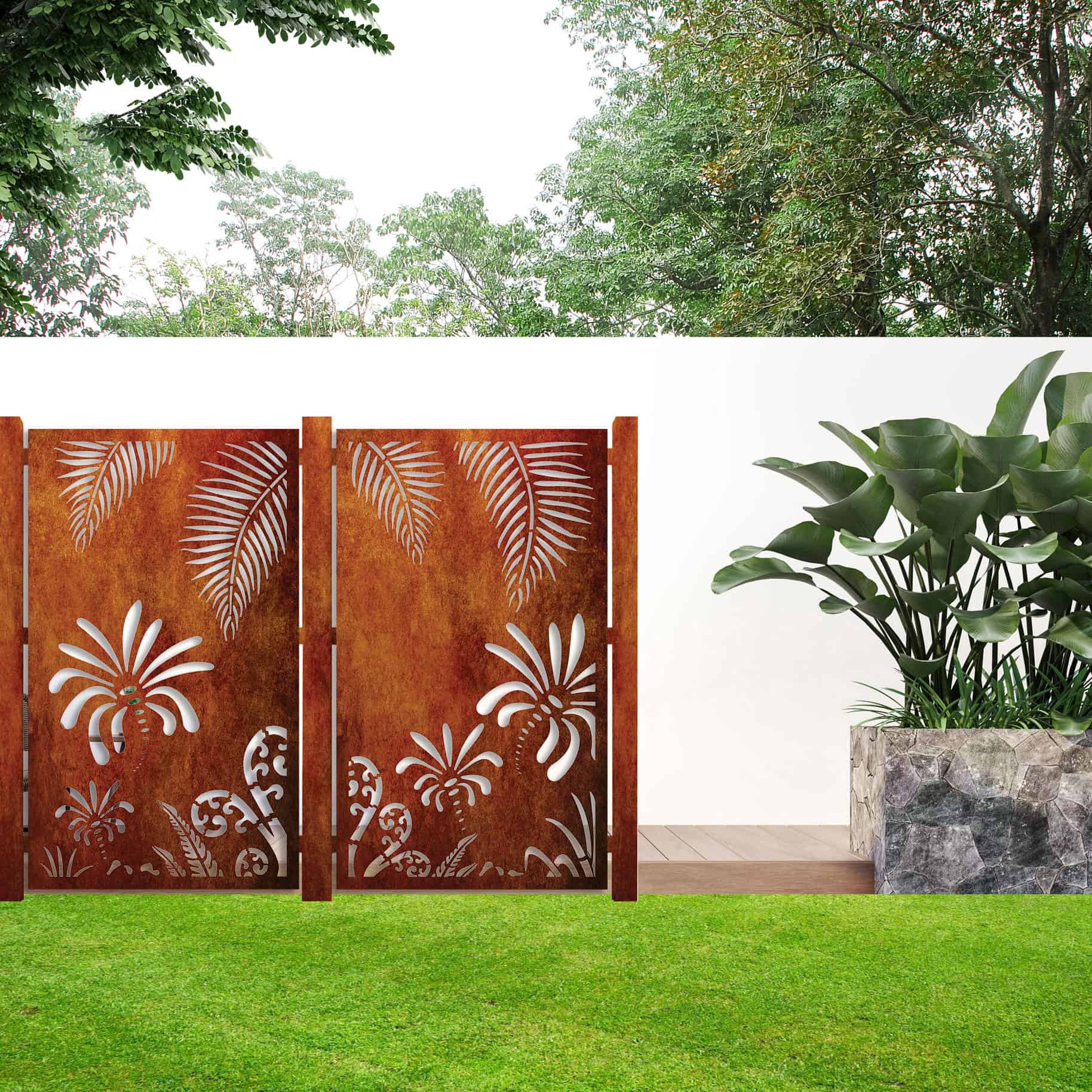 Corten Steel Panel - Koru with Palm Leaves Set | Gardeners Emporium
